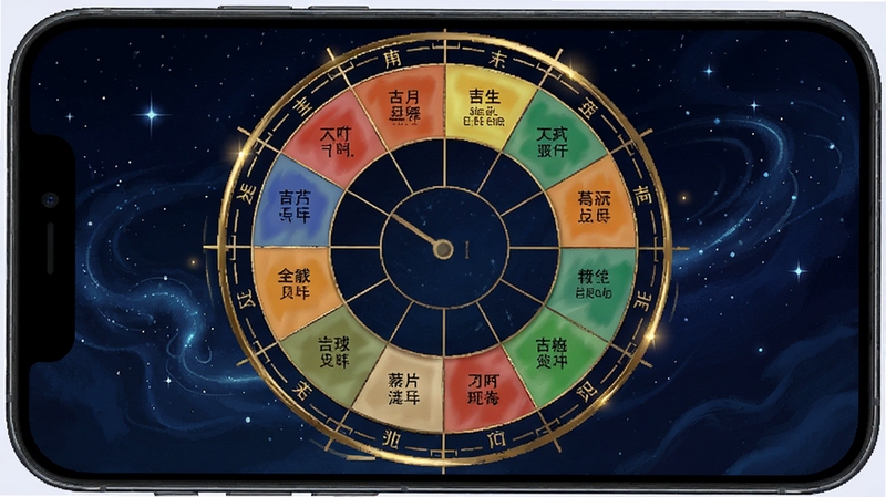 安时择日老黄历吉时查询功能展示,手机屏幕呈现十二时辰圆盘图,每个时辰标注吉凶颜色,背景为深蓝色星空与金色刻度,整体科技感与传统历法结合,适配Boogu模型生成