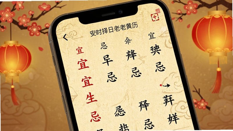 安时择日老黄历每日宜忌界面特写,手机屏幕显示红色宜字列表与黑色忌字列表,背景为淡金色宣纸纹理,四周点缀梅花与灯笼元素,画面温暖祥和,适配Boogu模型生成