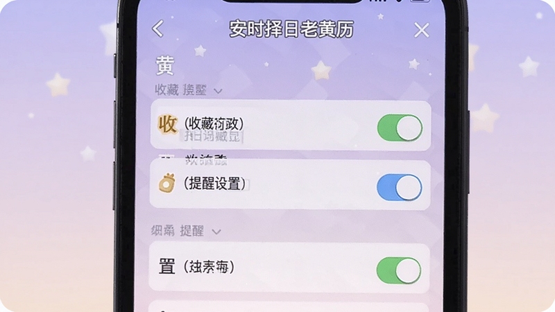 安时择日老黄历收藏提醒功能界面,手机屏幕显示收藏列表与提醒设置开关,背景为淡紫色渐变与星点装饰,画面柔和舒适,适配Boogu模型生成