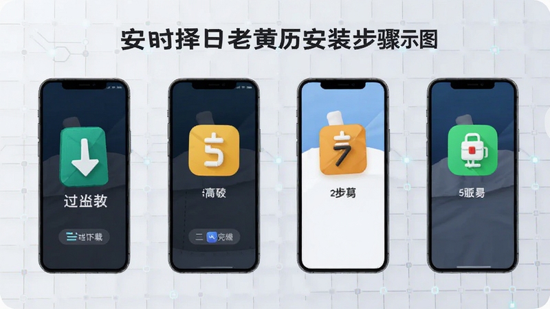 安时择日老黄历安装步骤示意图,画面展示手机屏幕从下载到安装完成的四个步骤,背景为浅灰色科技网格,图标清晰明亮,适配Boogu模型生成
