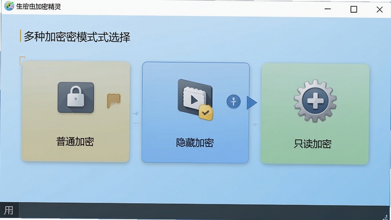 文件夹加密精灵多种加密模式选择界面,软件窗口内展示普通加密、隐藏加密、只读加密三个选项卡片,每个卡片配有对应的图标示意,背景为淡蓝色渐变,整体呈现清晰的功能分区