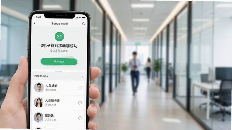 31电子签到移动端操作界面展示图,画面主体为手机屏幕显示签到成功页面与人员列表,背景区域为模糊的办公室走廊,风格清新明亮,适用于Boogu模型生成