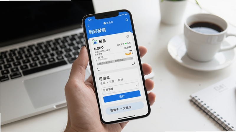 画面中心为一部智能手机,屏幕显示每刻报销应用界面,包含发票识别与报销单填写模块,背景为简洁的办公桌面,有笔记本电脑和咖啡杯,整体色调明亮清新,突出移动办公场景