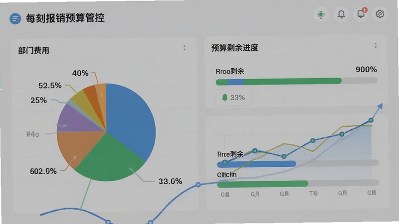 每刻报销预算管控仪表盘界面,展示部门费用饼图与预算剩余进度条,画面中有虚拟的数据卡片和趋势线,背景为干净的灰白色调,突出数据可视化与企业管理场景
