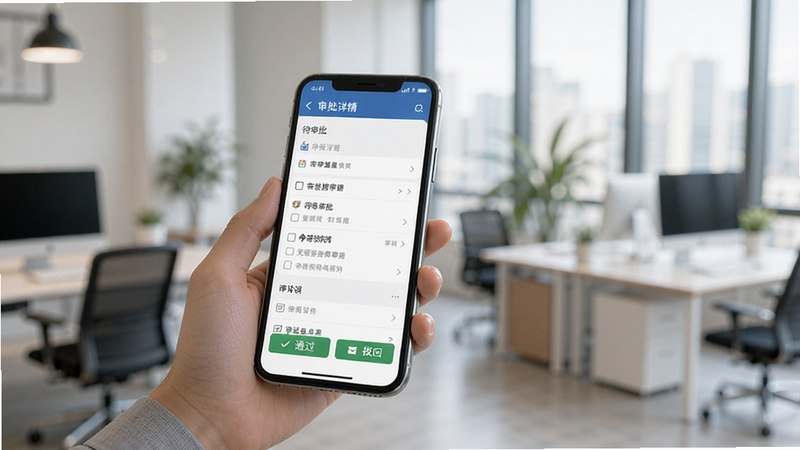 每刻报销移动端审批界面,展示待审批列表与审批详情页,有通过和驳回按钮,背景为现代办公室环境,人物手持手机操作,光线柔和自然
