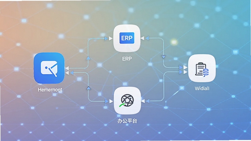 每刻报销系统集成示意图,展示应用图标与ERP、银行、办公平台之间的数据连接线,背景为科技感网格与柔和渐变,体现企业级软件互联互通