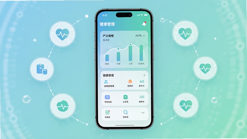 丽享云应用主界面全貌展示,手机屏幕中呈现健康管理仪表盘与功能入口,背景为柔和的蓝绿色渐变,画面中心放置一部现代智能手机,屏幕内容清晰可见,周围点缀简约健康图标元素,整体风格清新科技感,适配Boogu模型生成