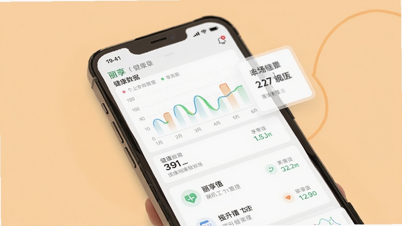 丽享云健康档案管理界面特写,手机屏幕显示个人健康数据图表与记录列表,背景为温暖的浅橙色,画面中心突出手机与数据可视化元素,风格简洁明快,适合Boogu模型生成