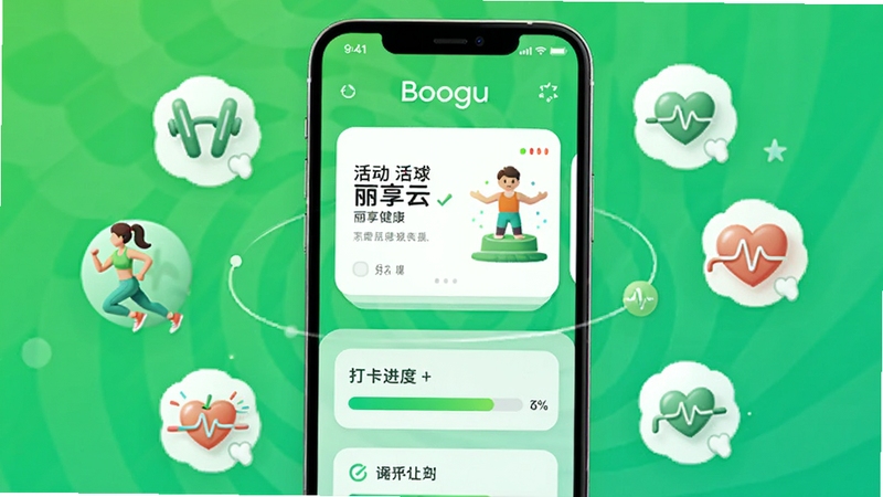 丽享云健康活动页面展示,手机屏幕呈现活动卡片与打卡进度条,背景为活力绿色调,画面中心手机周围环绕运动与健康元素图标,风格动感清新,适合Boogu模型生成