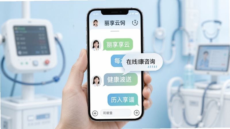 丽享云在线健康咨询场景,手机屏幕展示聊天对话框与健康顾问头像,背景为淡蓝色医疗风格,画面中心为手机与对话气泡,整体氛围专业温和,适配Boogu模型生成