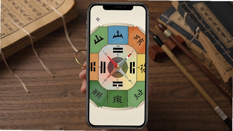 风水定位罗盘 二十四山八卦九宫格界面 每个格子标注方位名称与五行颜色 手机竖屏显示 背景为木质桌面与古籍 古典雅致风格