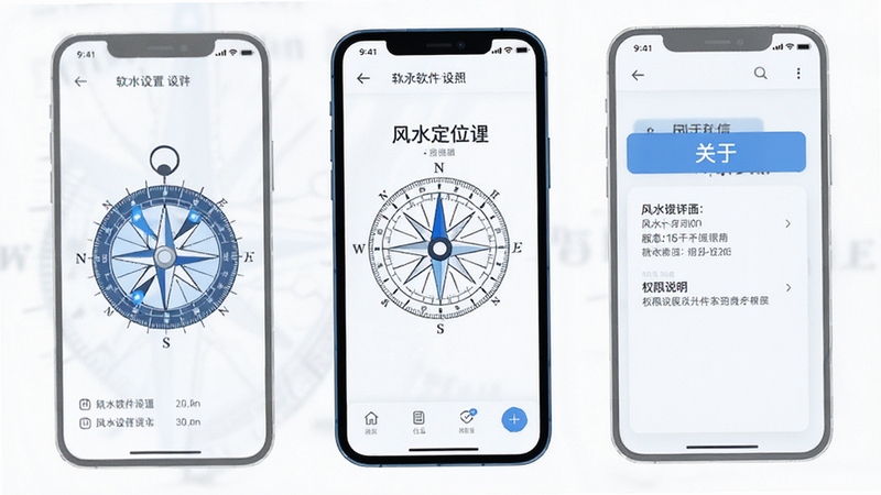 风水定位罗盘 软件设置与关于页面 显示版本信息与权限说明 手机界面 极简设计 白色背景 蓝色点缀 干净整洁