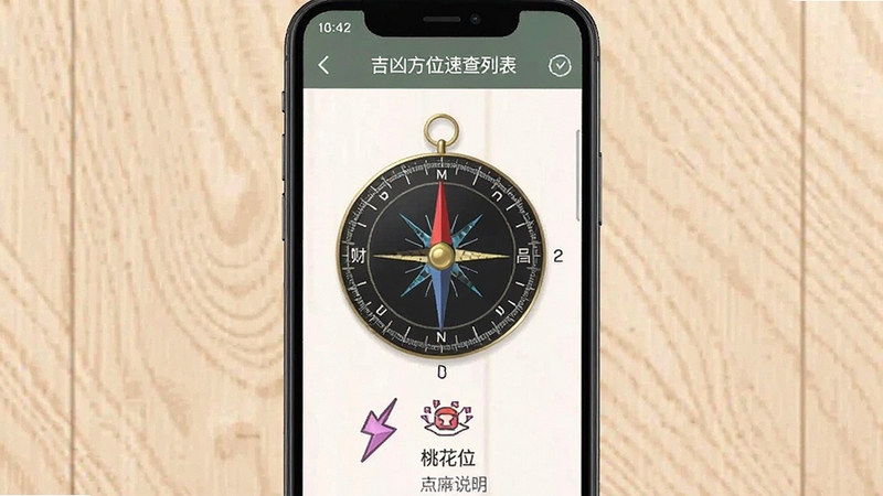 风水定位罗盘 吉凶方位速查列表界面 显示财位文昌位桃花位图标与简要说明 手机屏幕截图风格 背景为浅色木纹 简洁清爽