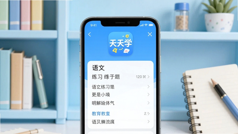 天天学软件主界面展示,画面中央为手机屏幕显示语文练习题库界面,上方有天天学应用图标,背景为浅蓝色书架与文具元素,整体风格清新简洁,适配教育类软件宣传图