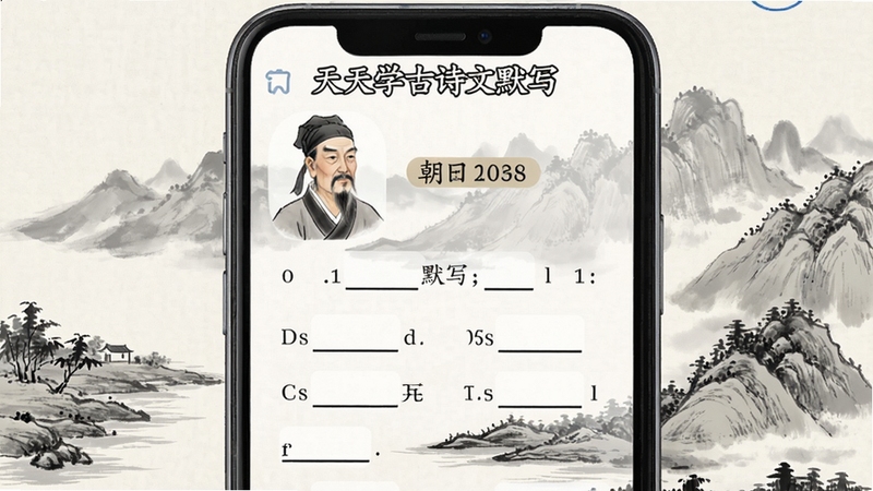 天天学古诗文默写界面,手机显示静夜思默写填空题,屏幕上方有诗人画像与朝代标签,背景为中国古典水墨山水风格