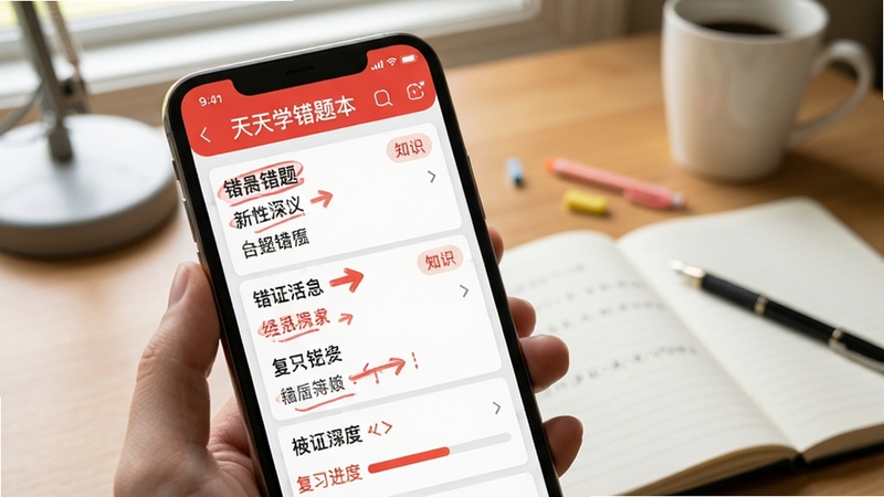 天天学错题本功能展示,手机屏幕显示错题列表与知识点标签,界面有红色标记与复习进度条,背景为书桌与笔记本场景