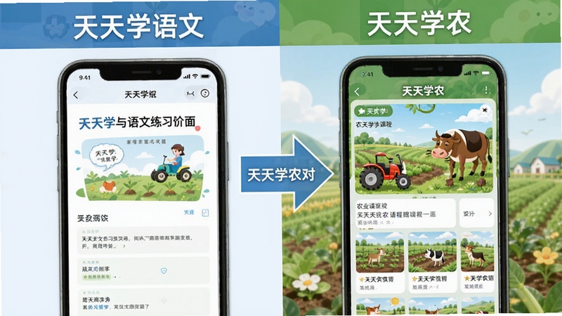 天天学与天天学农对比示意图,左侧为天天学语文练习界面,右侧为天天学农农业课程界面,中间有对比箭头,背景为分屏设计