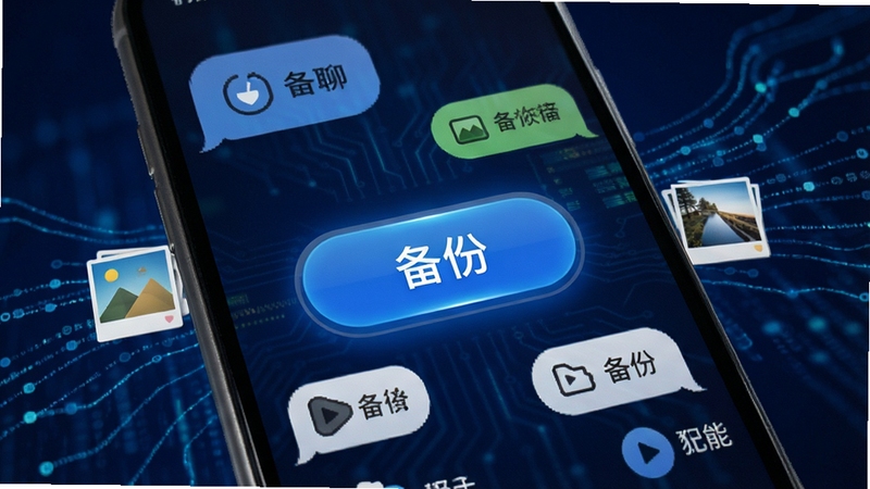 微聊记录恢复备份软件一键备份功能展示,画面为手机屏幕特写,屏幕中央有一个醒目的备份按钮,周围环绕聊天气泡、图片缩略图和视频图标,背景为深蓝色数据流线条,营造出高效安全的科技氛围