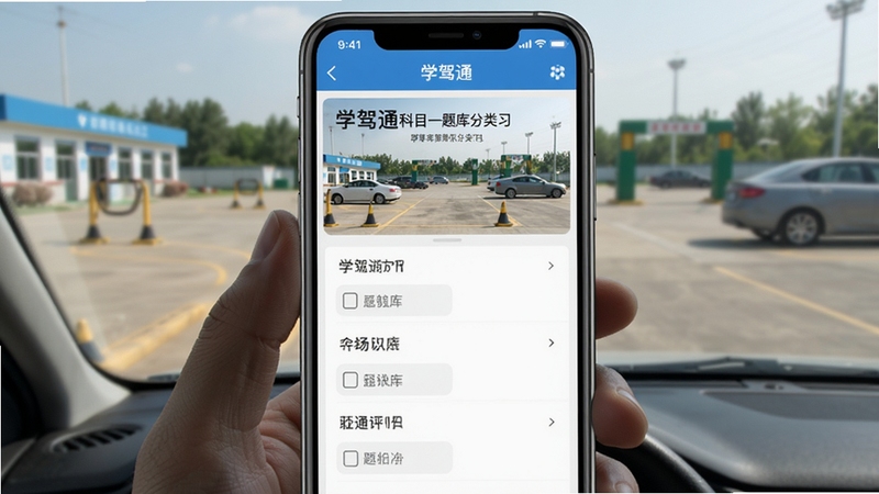 学驾通科目一题库分类练习界面截图,手机屏幕显示题目与选项,背景为驾校训练场,写实风格