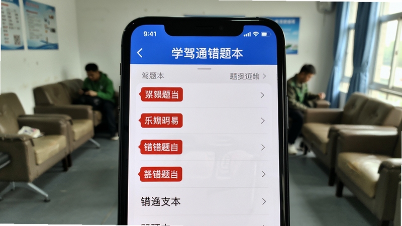 学驾通错题本列表界面,红色标记易错题目,手机屏幕特写,背景为驾校休息区