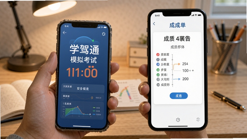 学驾通模拟考试倒计时界面与成绩单展示,手机握持视角,背景为室内学习桌,光线柔和