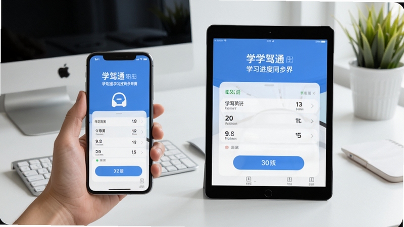 学驾通学习进度同步界面,手机与平板同时显示相同数据,背景为简约桌面