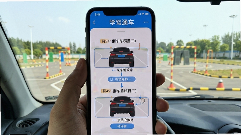 学驾通科目二倒车入库图文教程界面,手机显示步骤分解图,背景为训练场实景