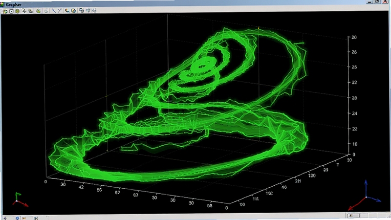 3D Grapher软件中展示的一个复杂参数方程曲线,呈现螺旋上升的形态,线条为亮绿色,背景为黑色,带有坐标轴刻度,画面充满数学几何的韵律感
