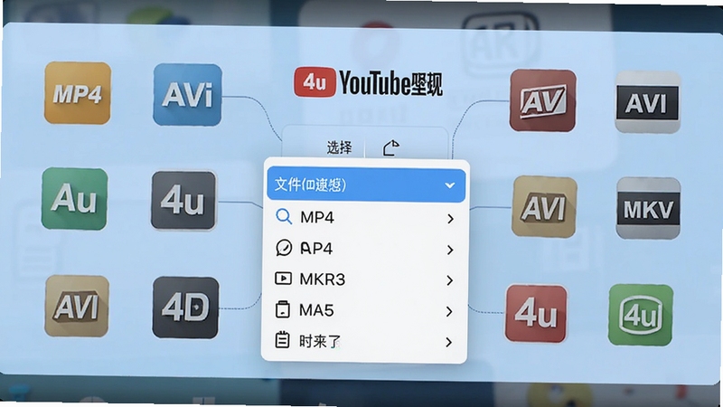4u download youtube video 格式转换功能展示,画面中心为文件格式选择下拉菜单,周围环绕MP4、AVI、MKV等格式图标,背景为淡蓝色渐变,整体风格清爽