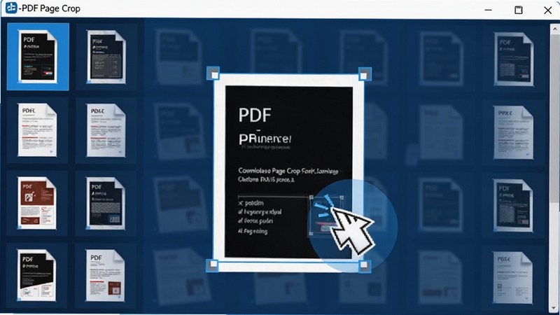 A-PDF Page Crop软件界面截图风格,展示PDF页面裁剪操作,画面中有鼠标拖拽裁剪框的动画效果,背景是整齐排列的PDF文档缩略图,科技蓝配色,干净简洁,适合软件下载站展示