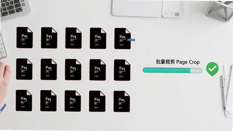 A-PDF Page Crop批量处理功能展示,画面中多个PDF文件图标排列整齐,一个进度条显示批量裁剪进度,旁边有对勾标记表示完成,背景为浅灰色工作台,风格简约专业