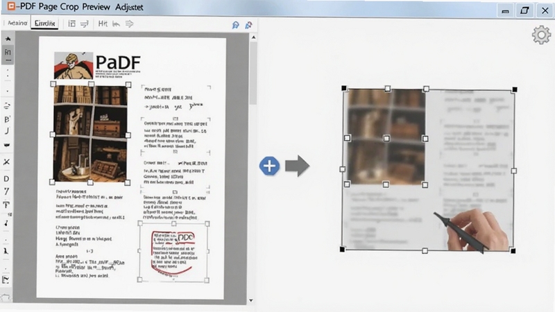 A-PDF Page Crop预览调整界面,画面左侧是原始PDF页面,右侧是裁剪后预览效果,中间有对比箭头,背景为白色工作区,清晰展示裁剪前后差异