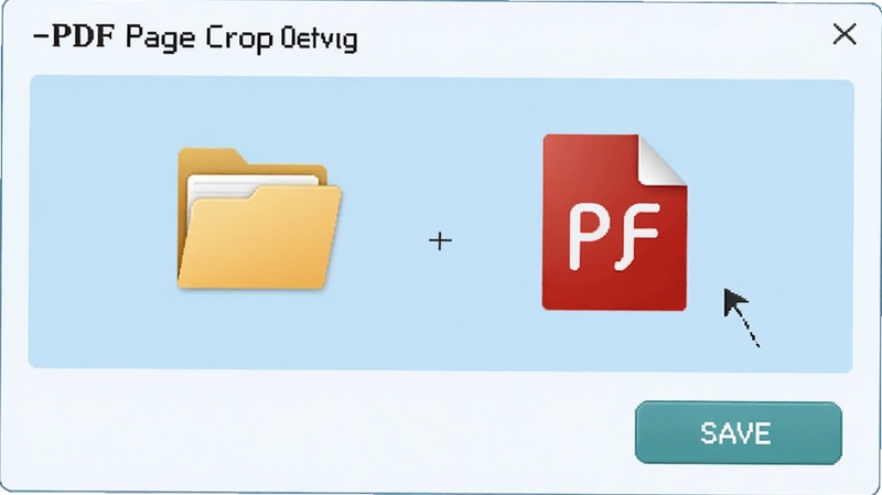 A-PDF Page Crop输出设置界面,画面中有文件夹图标和保存按钮,旁边显示PDF文件图标,背景为淡蓝色,风格清新简洁,突出文件保存功能