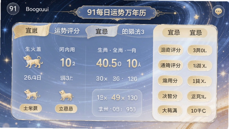 91每日运势万年历运势卡片界面,展示生肖运势评分与宜忌标签,画面以柔和的蓝金配色为主,背景为抽象星轨图案,细节精致,适配Boogu模型生成