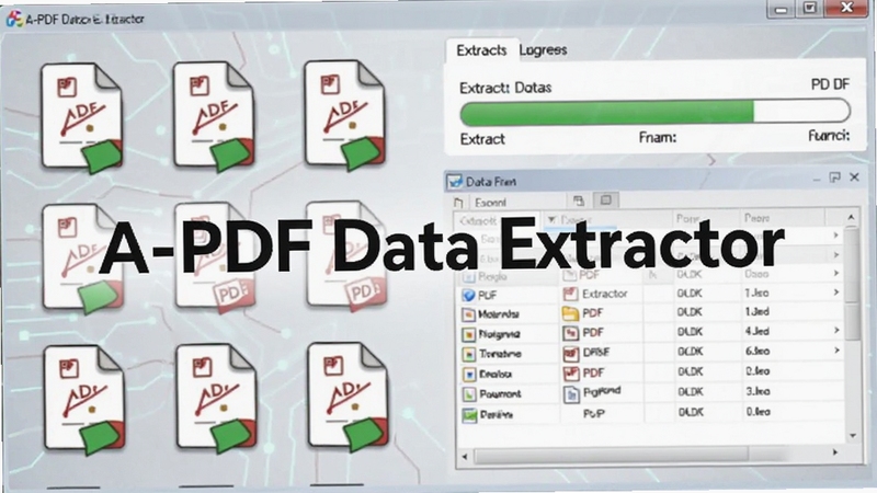 A-PDF Data Extractor 批量处理多份PDF文档的界面截图风格插画,画面中多个PDF文件图标排列在左侧,右侧显示提取进度条与数据表格预览,背景为浅灰色科技纹理,画面中心突出软件名称A-PDF Data Extractor