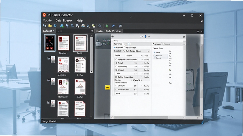 A-PDF Data Extractor 软件界面全貌展示,画面中央为软件主窗口,左侧为PDF文档缩略图列表,右侧为数据提取预览区域,背景为淡蓝色渐变办公环境,整体风格简洁专业,适配Boogu模型生成