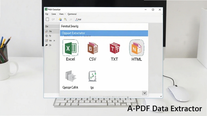 A-PDF Data Extractor 多格式导出选项界面示意图,画面中软件界面弹出导出菜单,菜单内包含Excel、CSV、TXT、HTML等图标选项,背景为简洁的白色办公桌面,画面右下角标注A-PDF Data Extractor字样