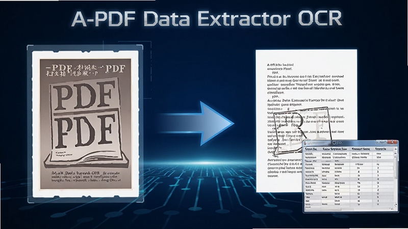 A-PDF Data Extractor OCR识别功能概念图,画面左侧为扫描版PDF文档,右侧为识别后生成的可编辑文本与表格,中间用箭头连接表示转换过程,背景为深蓝色渐变科技风格,画面顶部显示A-PDF Data Extractor名称