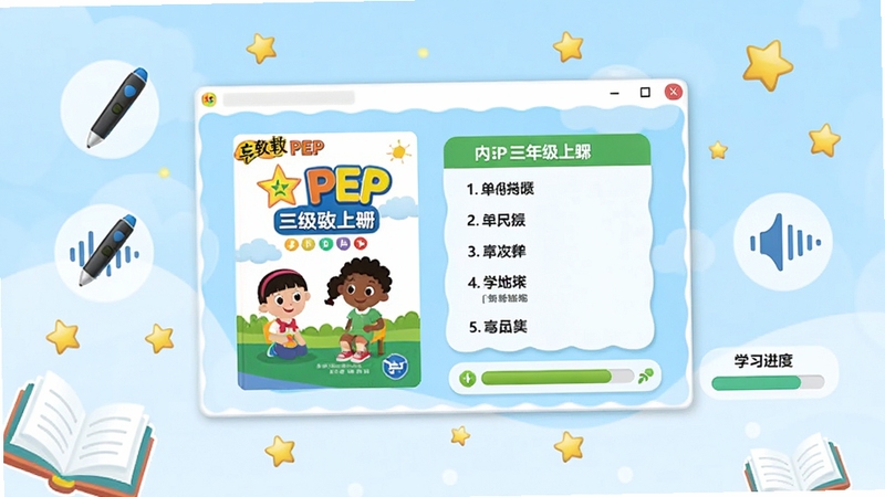 aaa点读学习软件pep三年级上册主界面展示,画面中央为软件运行窗口,窗口内显示人教版PEP三年级上册英语教材封面与单元目录,周围环绕点读笔图标、发音波形图标与学习进度条,背景为柔和的浅蓝色渐变,点缀书本与星星元素,整体风格清新明快,适合教育软件宣传图,画面主体位于正中央坐标区域,背景四周留白均匀,适配Boogu模型生成