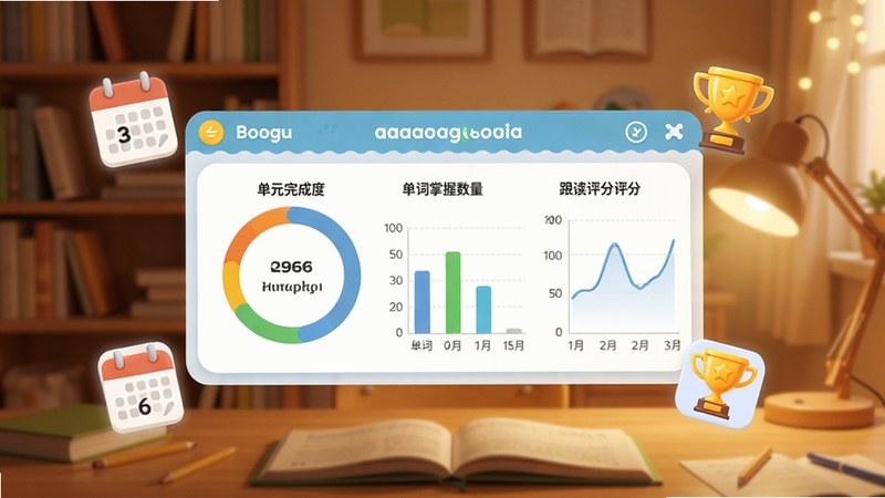 aaa点读学习软件pep三年级上册学习进度记录界面,画面中央为一块悬浮的数据面板,面板上显示单元完成度环形图、单词掌握数量柱状图和跟读评分折线图,面板周围漂浮着日历图标与奖杯图标,背景为温馨的书房环境,暖色调灯光,画面主体位于正中央坐标区域,四周留出适当空间展示数据细节,整体风格简洁现代,适配Boogu模型生成