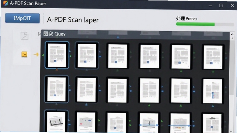 展示A-PDF Scan Paper批量处理功能的AI生成图片,画面主体为软件界面中央显示一个队列列表,列表中排列着多个缩略图图标代表不同的扫描页面,背景区域是淡灰色的操作面板,画面细节包括批量导入按钮和处理进度指示,整体风格高效有序