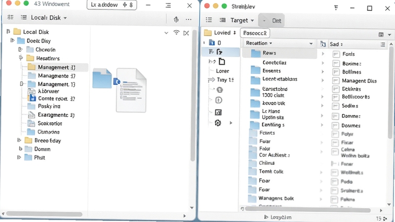 a43 file management utility双窗格操作界面,左侧本地磁盘目录树,右侧目标文件夹列表,用户正在拖拽文件,画面明亮简洁,突出高效办公场景