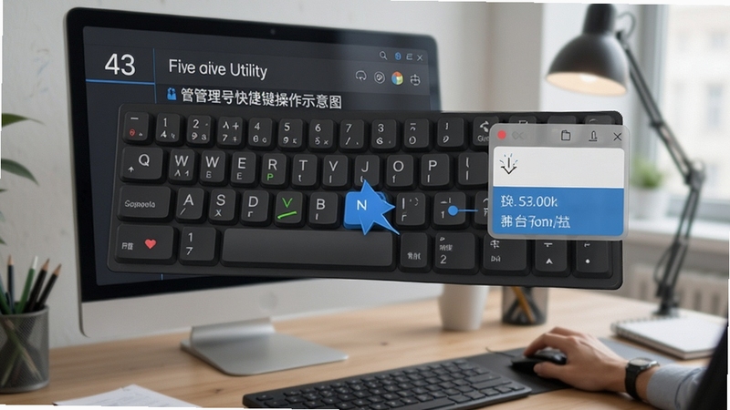 a43 file management utility快捷键操作示意图,展示键盘按键与界面响应,背景为办公桌面,突出效率工具主题