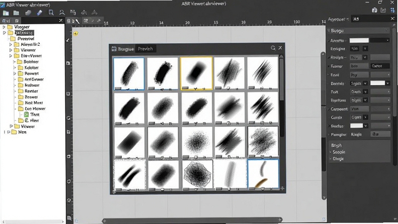 ABR Viewer(abrviewer)软件主界面全貌展示,画面中央为笔刷预览区域,显示多种不同形状和纹理的笔刷缩略图,背景为浅灰色工作区,左侧为文件夹目录树,右侧为笔刷属性面板,整体界面风格简洁专业,适配Boogu模型生成