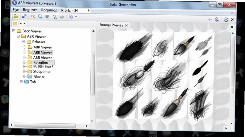 ABR Viewer(abrviewer)软件操作界面示意图,画面展示左侧文件夹目录树和右侧笔刷预览区域的布局,顶部菜单栏清晰可见,整体配色为浅色系,界面简洁易用,适配Boogu模型生成