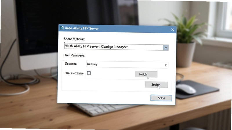 Ability FTP Server 快速配置向导界面截图风格,画面展示设置共享文件夹路径与用户权限的对话框,背景为柔和的办公桌面,突出简洁易用的操作逻辑