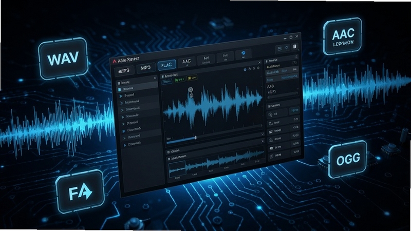 Able Rawer software decoding multiple audio formats, floating icons of WAV MP3 FLAC AAC OGG around the main interface, digital waveform flowing between them, dark tech background with blue light effects, futuristic audio processing concept, high resolution, detailed UI elements