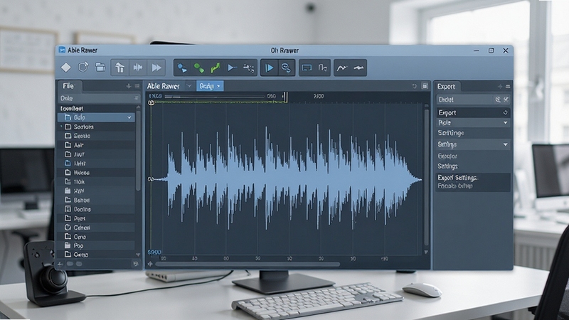 Able Rawer software interface overview, main window with audio waveform display in the center, toolbar on top, file list panel on the left, export settings on the right, clean modern UI design, soft blue and gray color scheme, bright office environment background, professional audio editing workspace, high detail, 4K quality