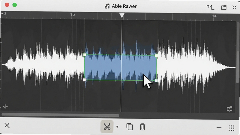 Able Rawer audio editing interface, zoomed-in waveform display with selection highlight, mouse cursor dragging over a specific segment, editing toolbar with cut copy delete icons, clean white and light gray UI, precise editing concept, professional software screenshot style