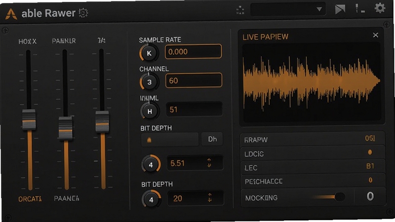 Able Rawer audio parameter adjustment panel, sliders and input fields for sample rate channel bit depth, live waveform preview on the right side, technical settings interface, dark theme with orange accent highlights, precise control concept, detailed UI elements